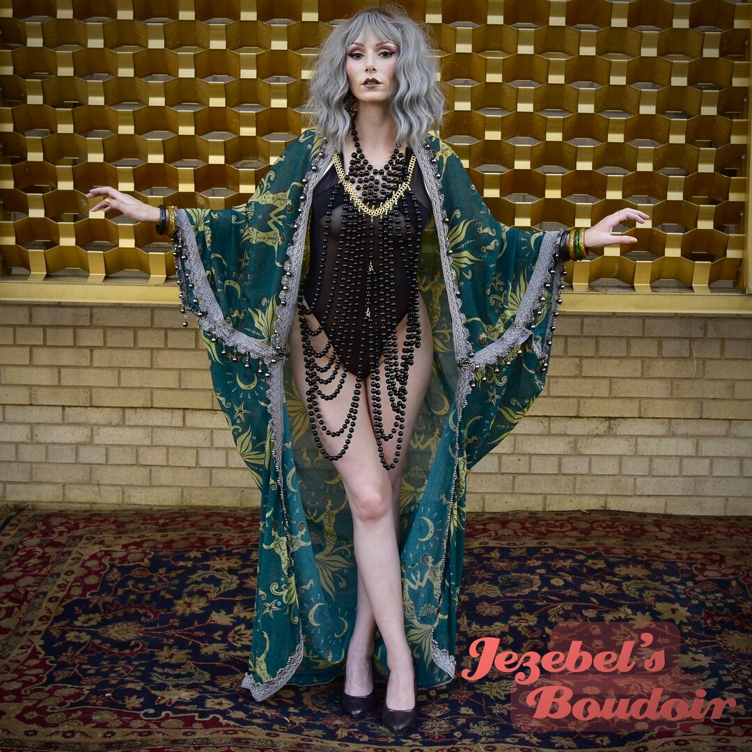 sheer burlesque dressing gown Sheer Beaded Fringe Kimono, Mermaid Art Deco Bat Wing Dressing Gown, Black Pearl Erte Luxe Celestial Cocoon, Burlesque Moon Star Teal Duster